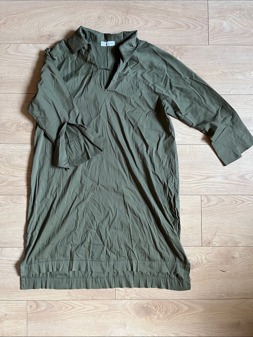 Olive Green Midi Dress with V-Neck Collar